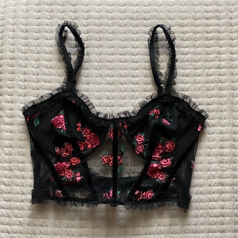 For Love And Lemons - Black Lace Corset Bra w/ Red Embroidered Roses, 34B